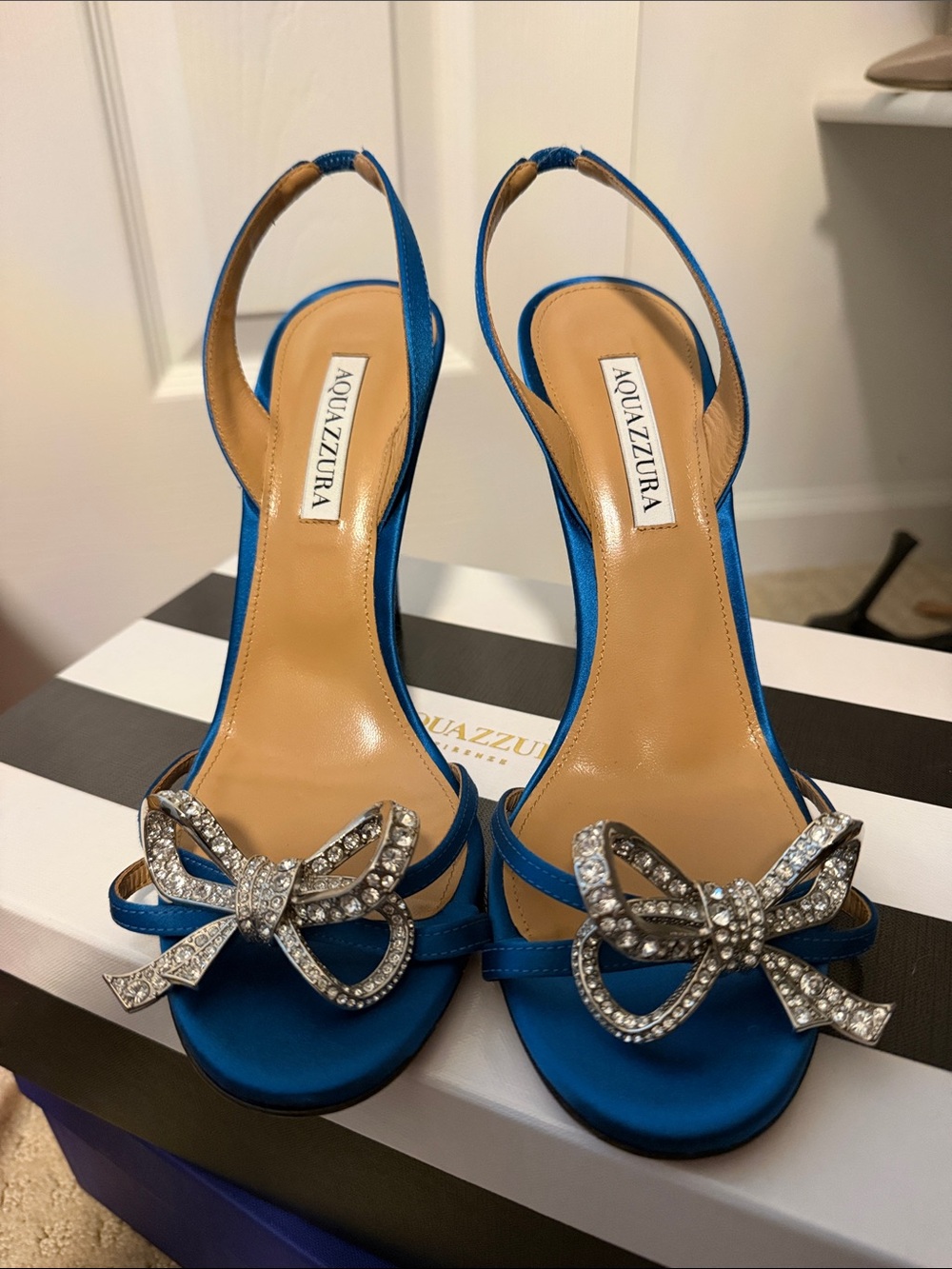 Aquazzura Electric Blue Satin Bow Slingback Heels with Crystals